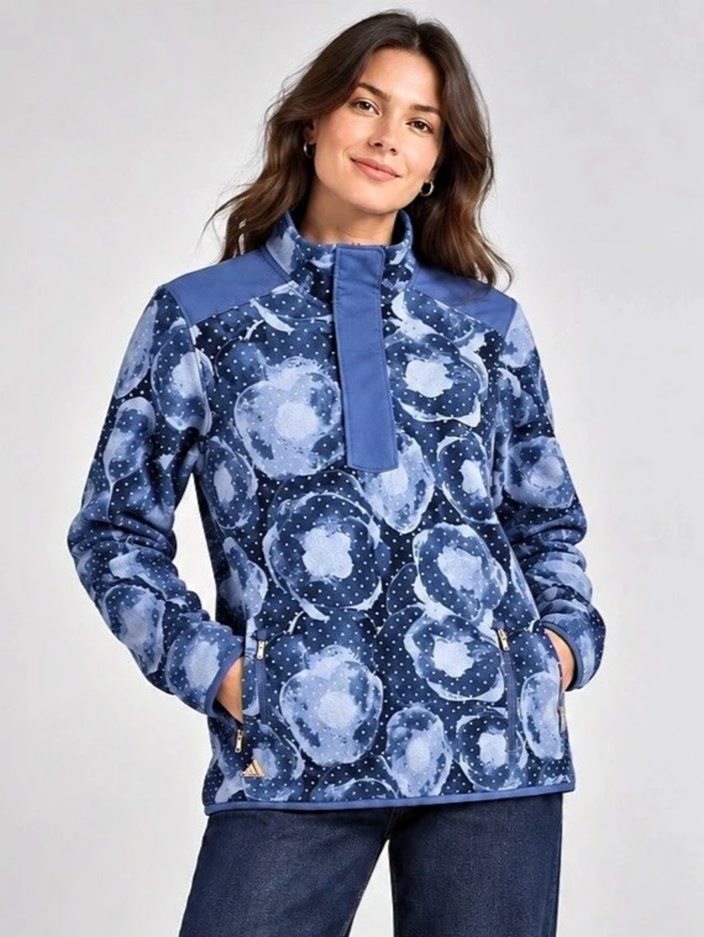 Adidas Blue Floral Fleece Half-Zip Pullover Size Medium